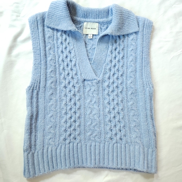 Pink Rose Icy Blue V-neck Collared Cable-knit Sweater Vest Sz S - Picture 3 of 5